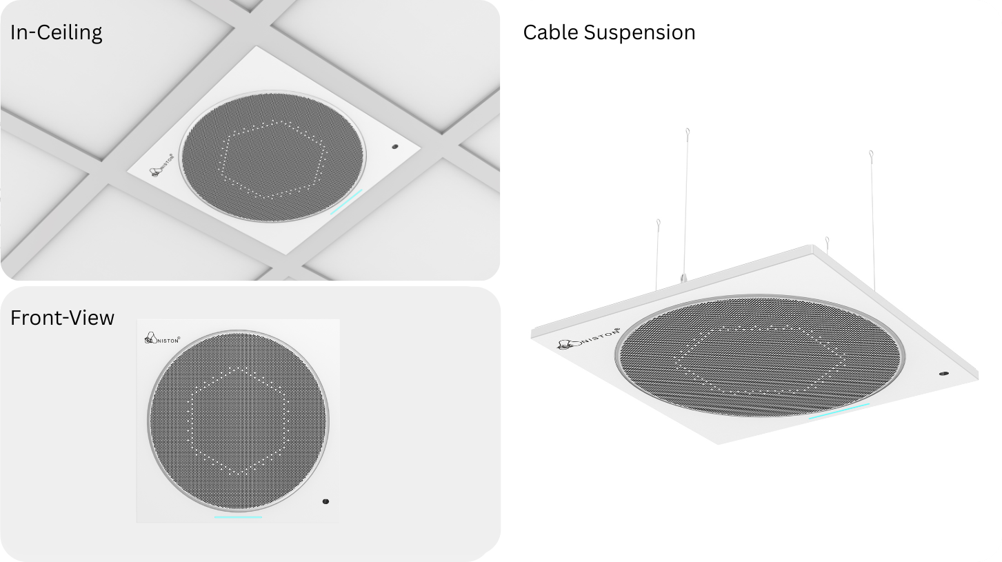 arrayX supports a variety of conference room installation and deployment solutions, in-ceiling, on-ceiling, cable suspension